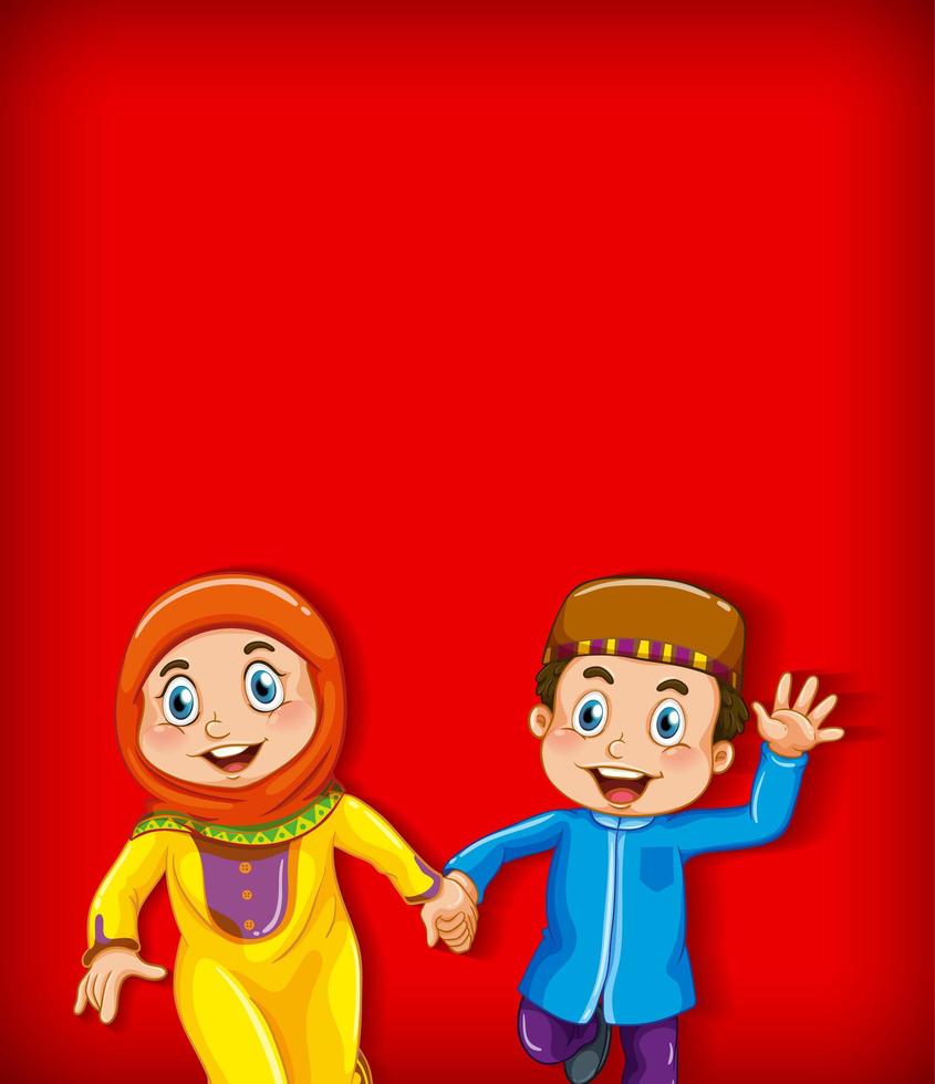 Two happy Muslim kids on red vector