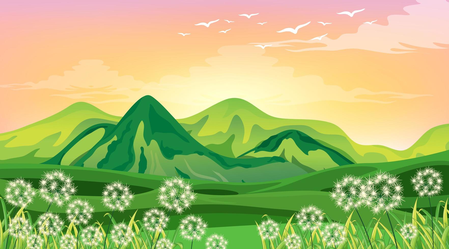 Scene with green mountains and field at sunset vector