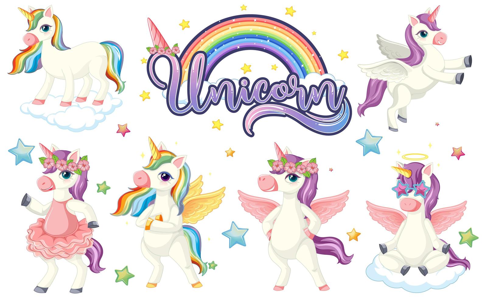 Set of colourful unicorn characters vector