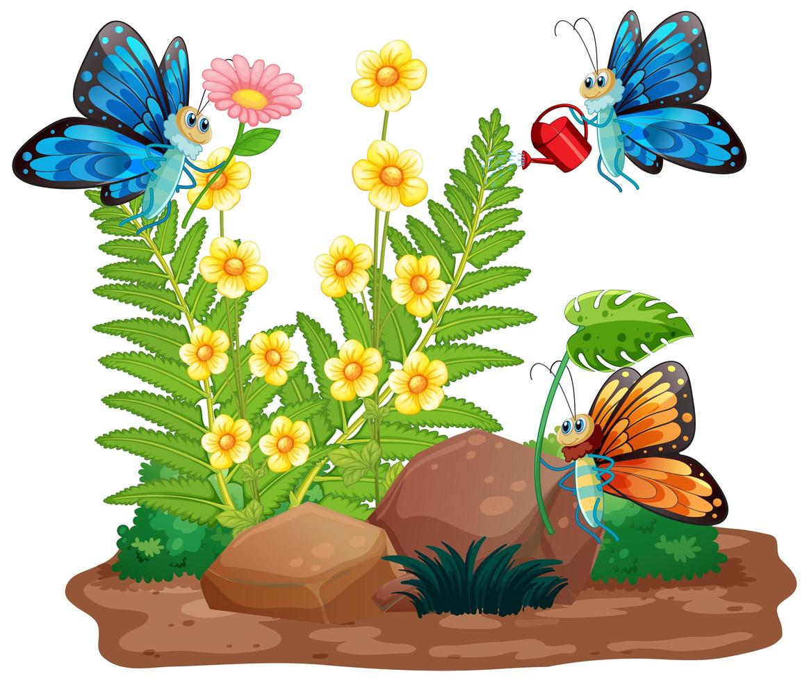 escena de jardinería con mariposas volando vector