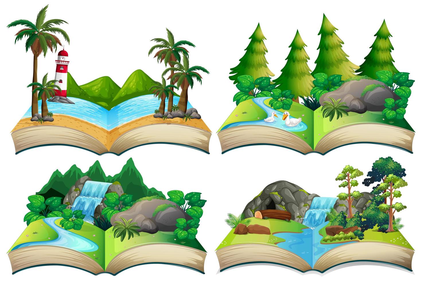 Set of nature landscapes on open book vector