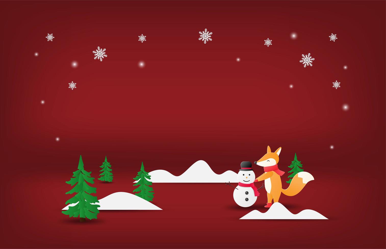 arte de papel zorro feliz y muñeco de nieve en rojo vector