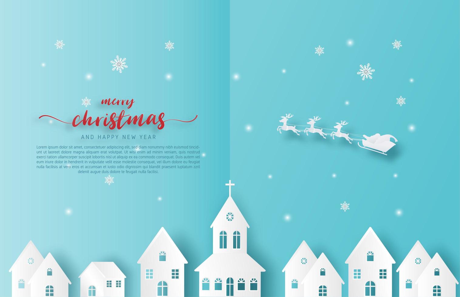 Paper cut Santa Claus and reindeer flying over city vector