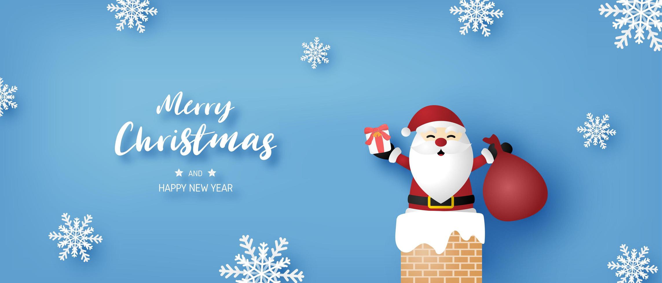 Banner de navidad con santa claus y copos de nieve en azul vector