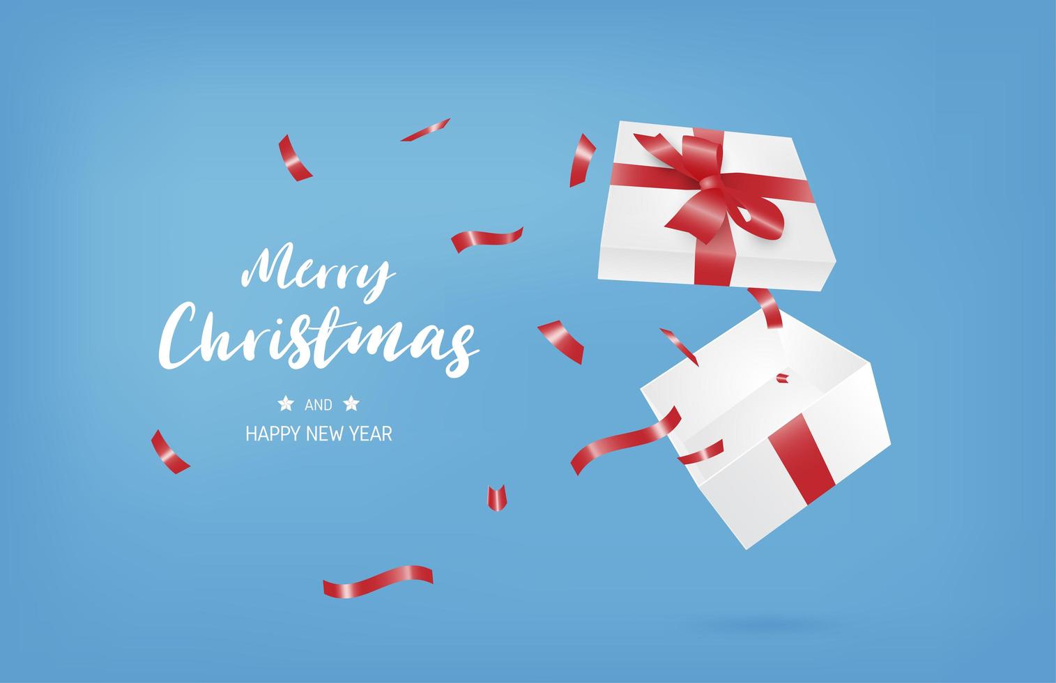 Merry Christmas banner with open gift box on blue vector