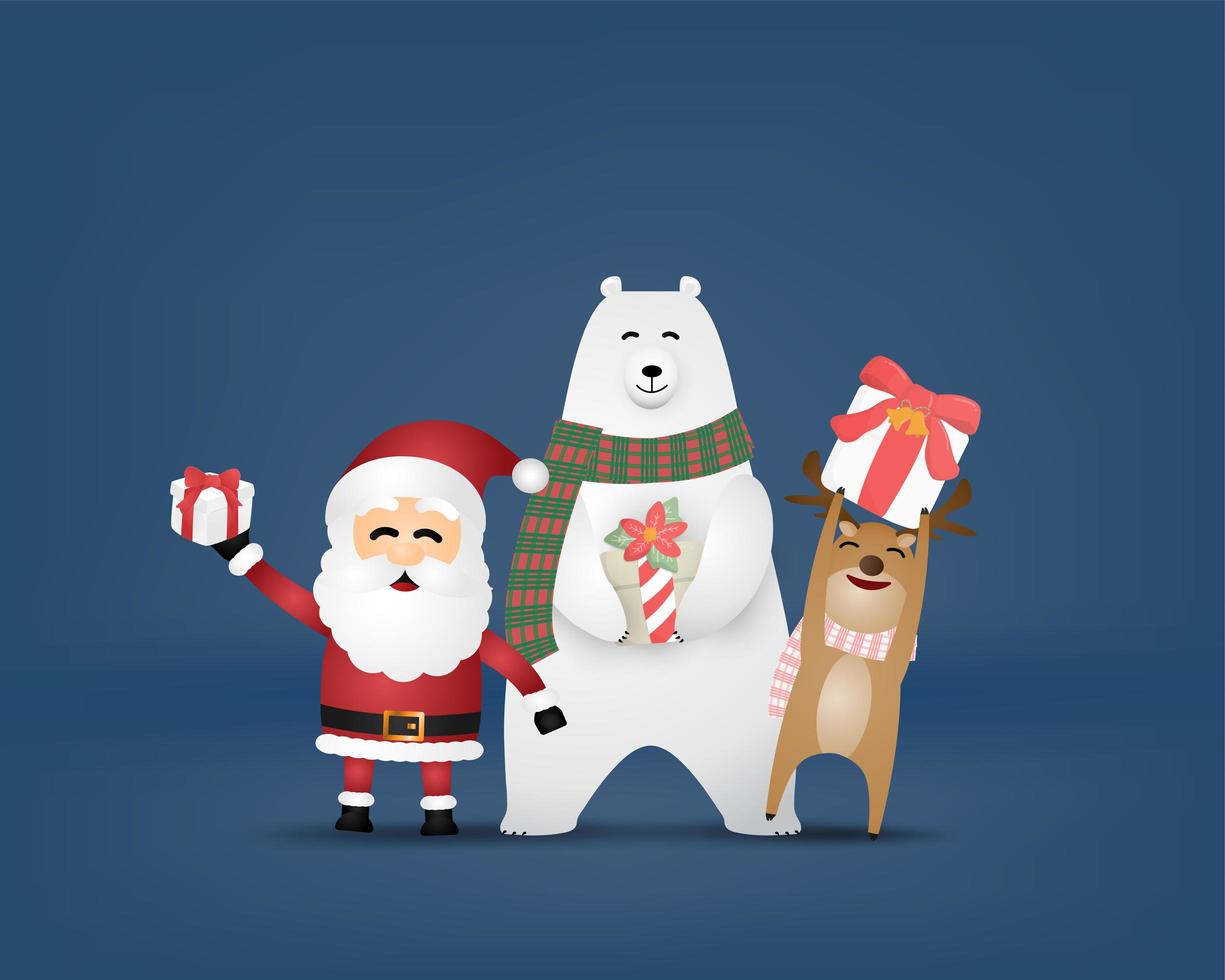 Paper cut style Santa, polar bear and reindeer with gifts vector