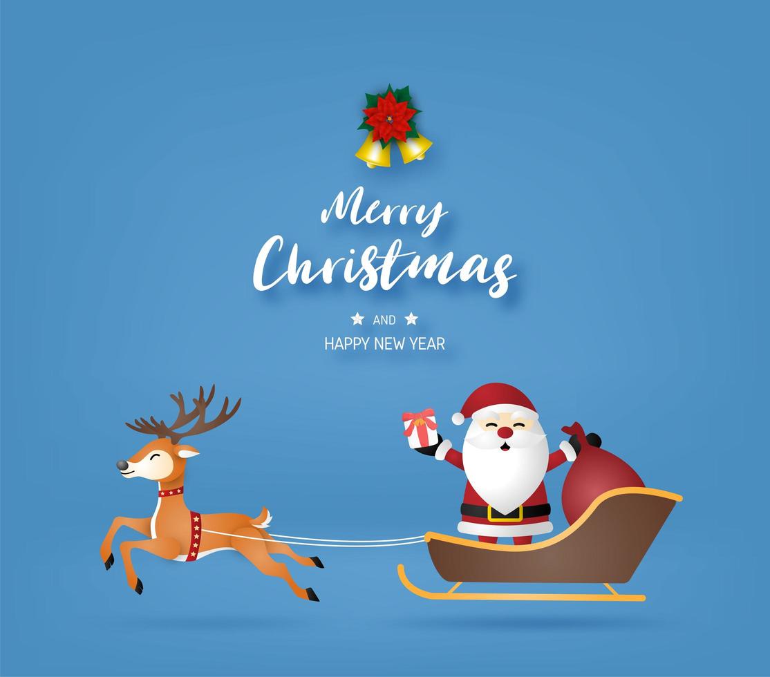 Santa Claus and Reindeer with text on blue vector