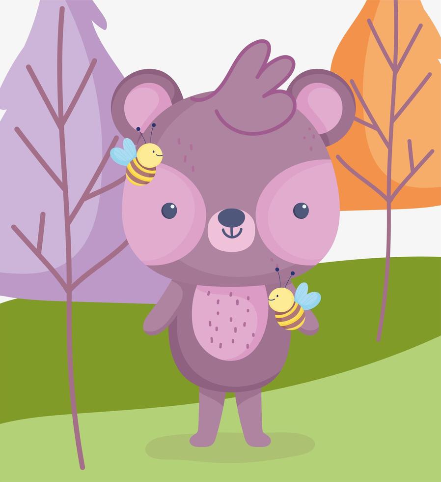 Cute bear with bees outdoors vector