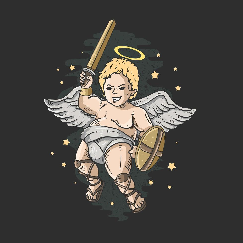 lindo angelito de cupido con espada y escudo vector