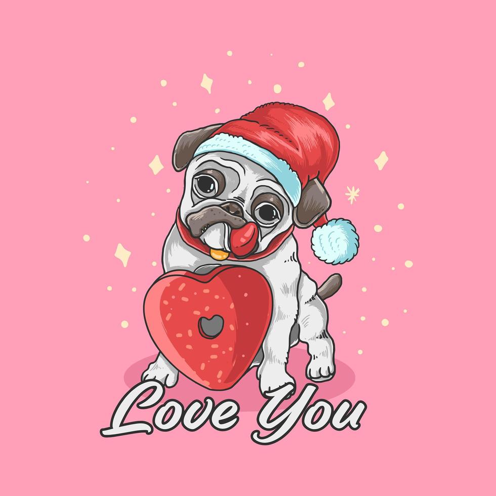 santa pug con donut de corazón vector