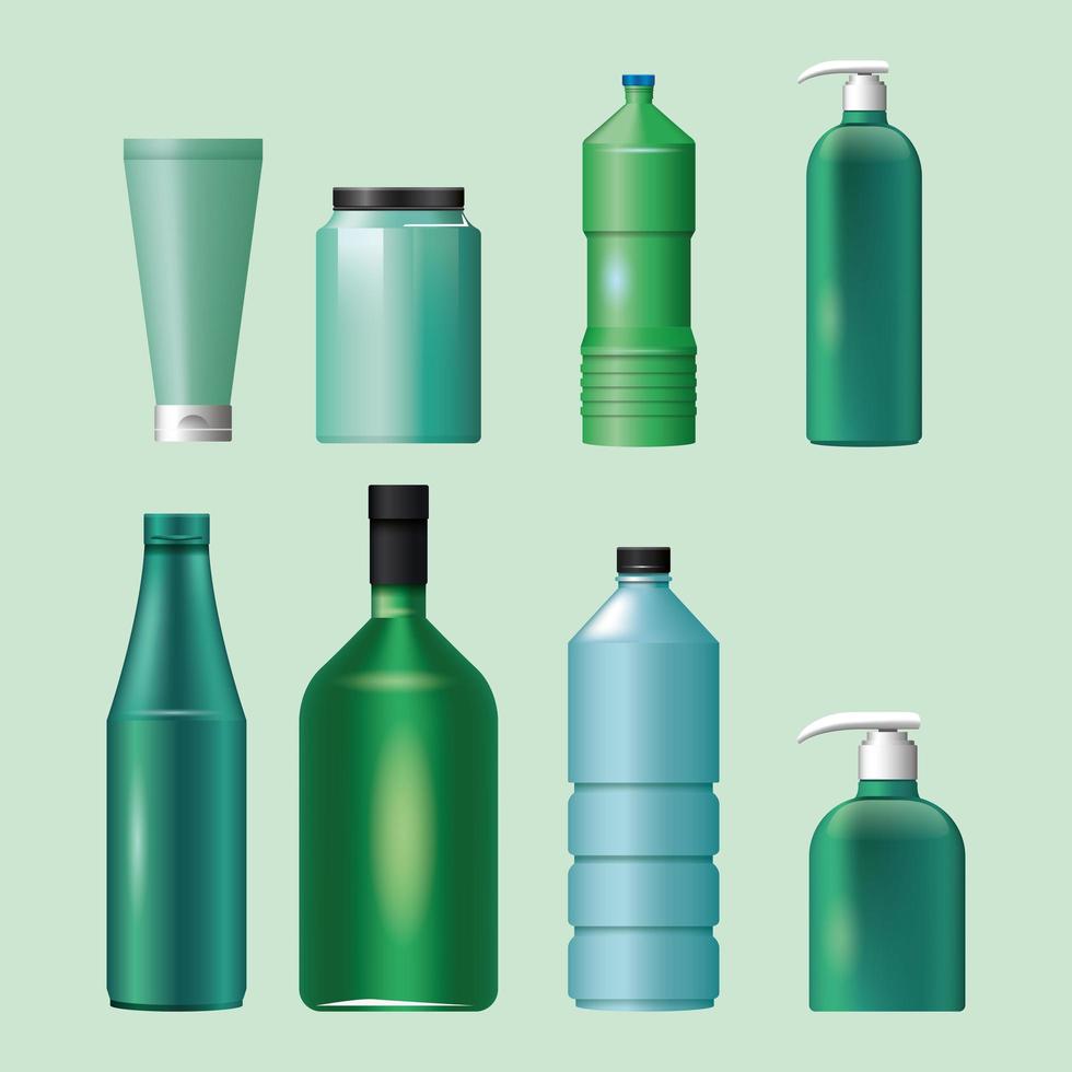 conjunto de iconos de productos de botellas de estilos y materiales verdes, azules vector