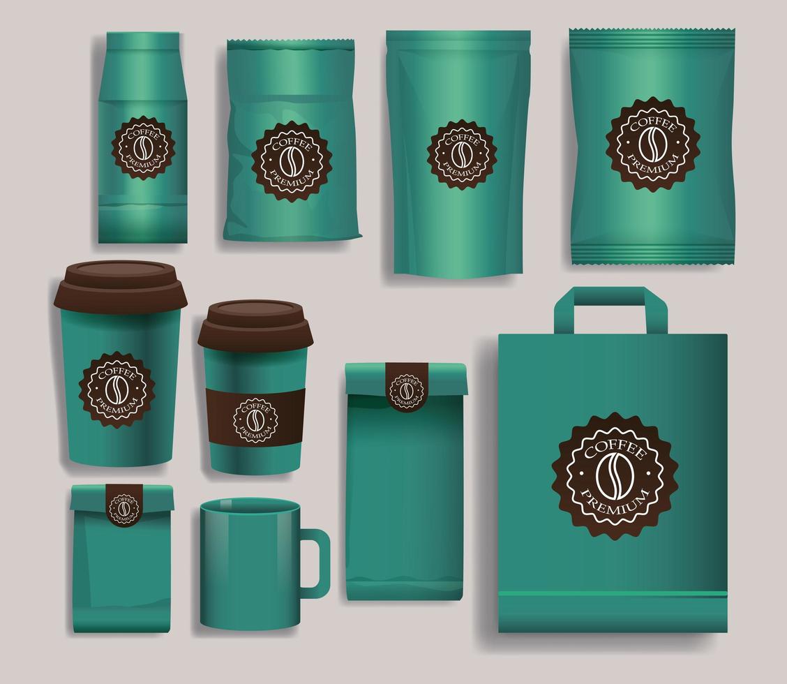 conjunto de productos de embalaje de café elegante verde vector