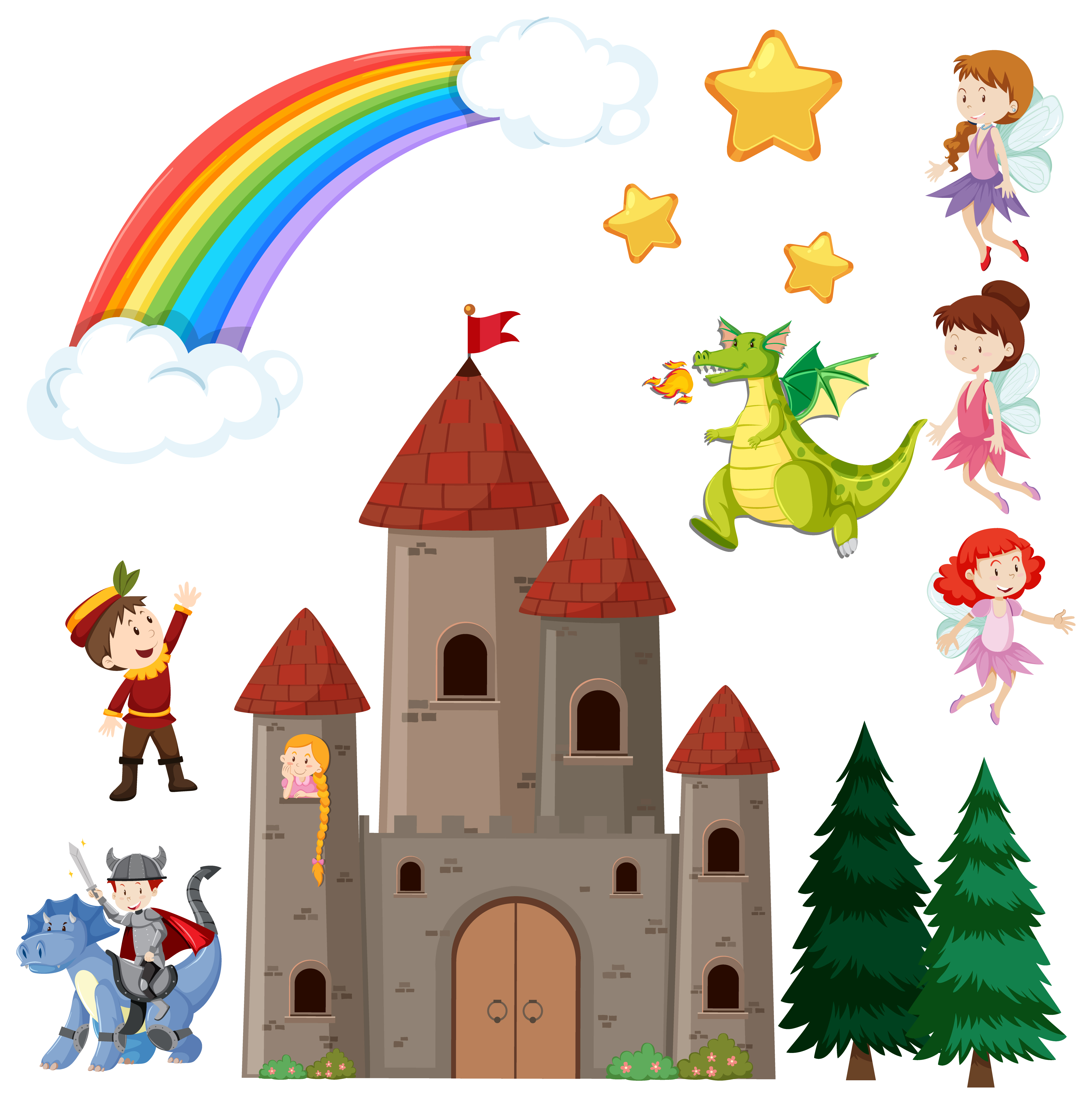 Set Of Children S Fairy Tale Castle And Dragon With Rainbow In The Sky Download Free Vectors Clipart Graphics Vector Art Set Of Children S Fairy Tale Castle And Dragon With Rainbow In The Sky Download Free Vectors Clipart Graphics Vector Art