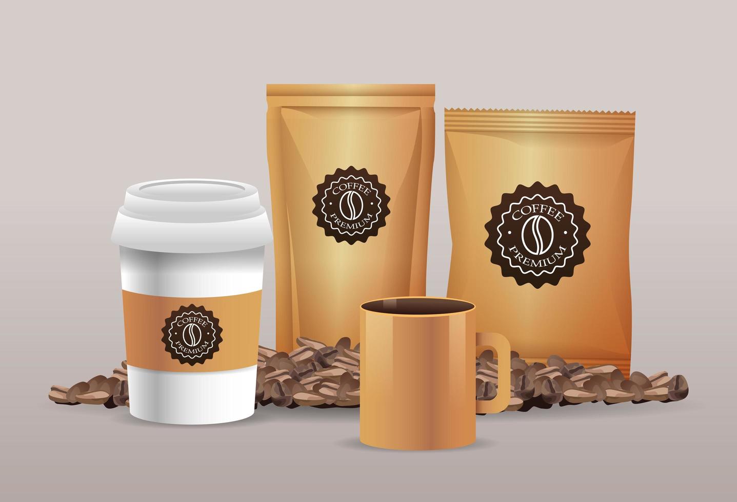 conjunto de productos de embalaje de café beige con motivos vector