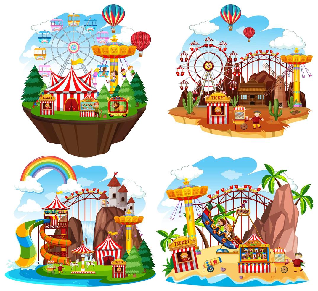Theme park scene with many rides on islands vector
