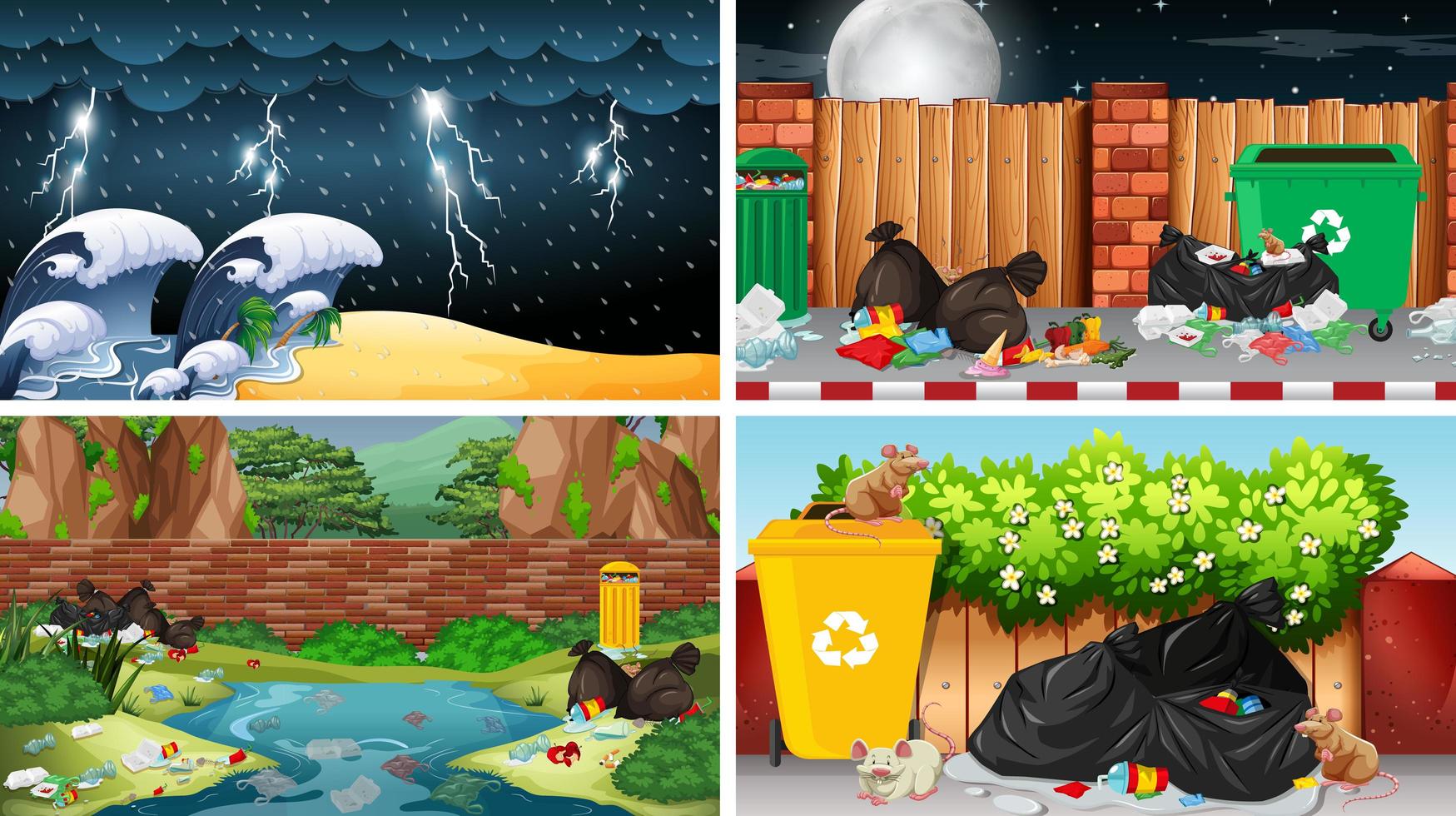 Pollution scenes in urban and natural settings vector