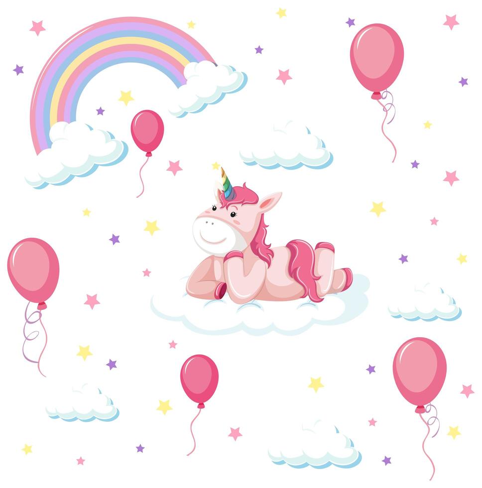 conjunto de lindo unicornio con arcoiris y globo vector