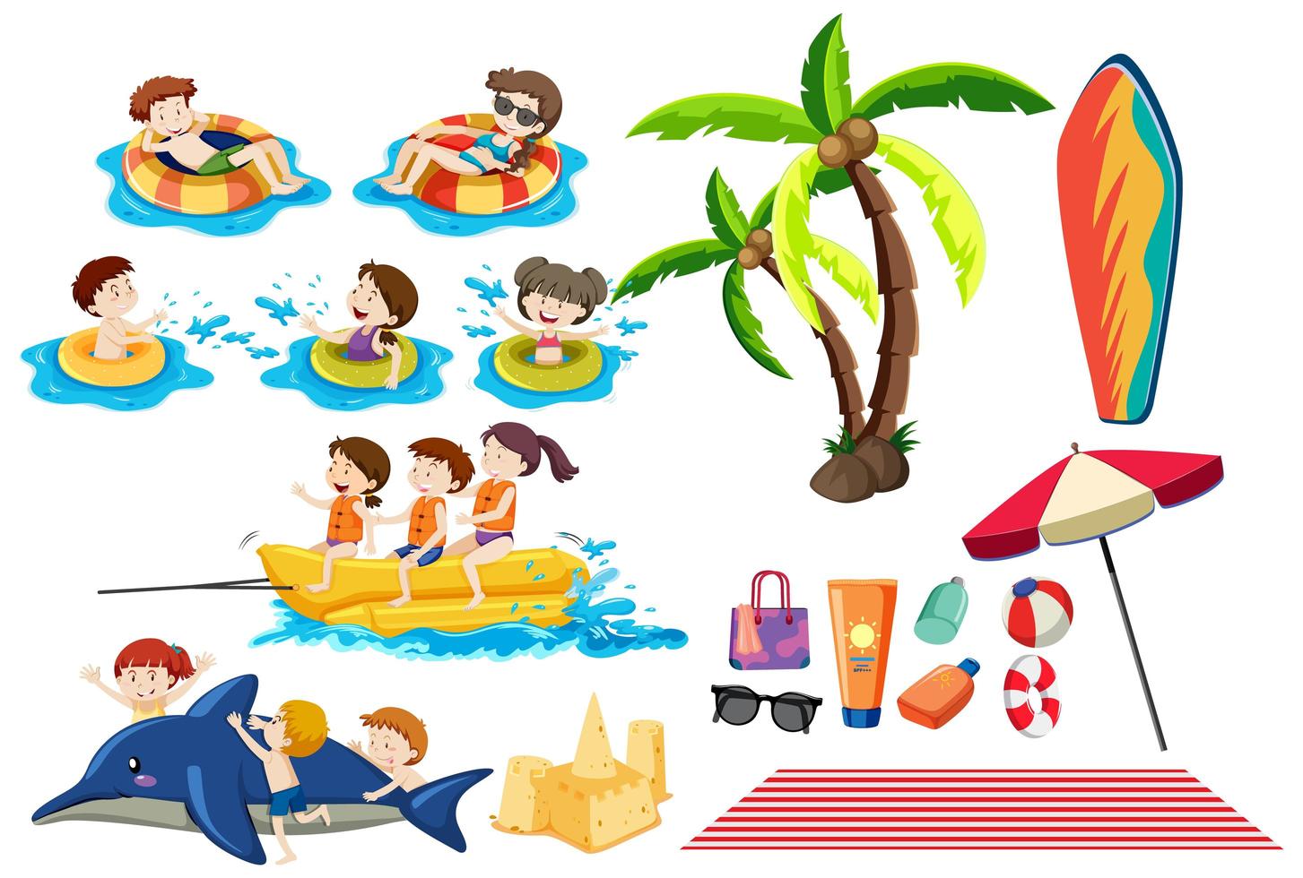 set de viaje con niños en el agua y artículos de playa vector