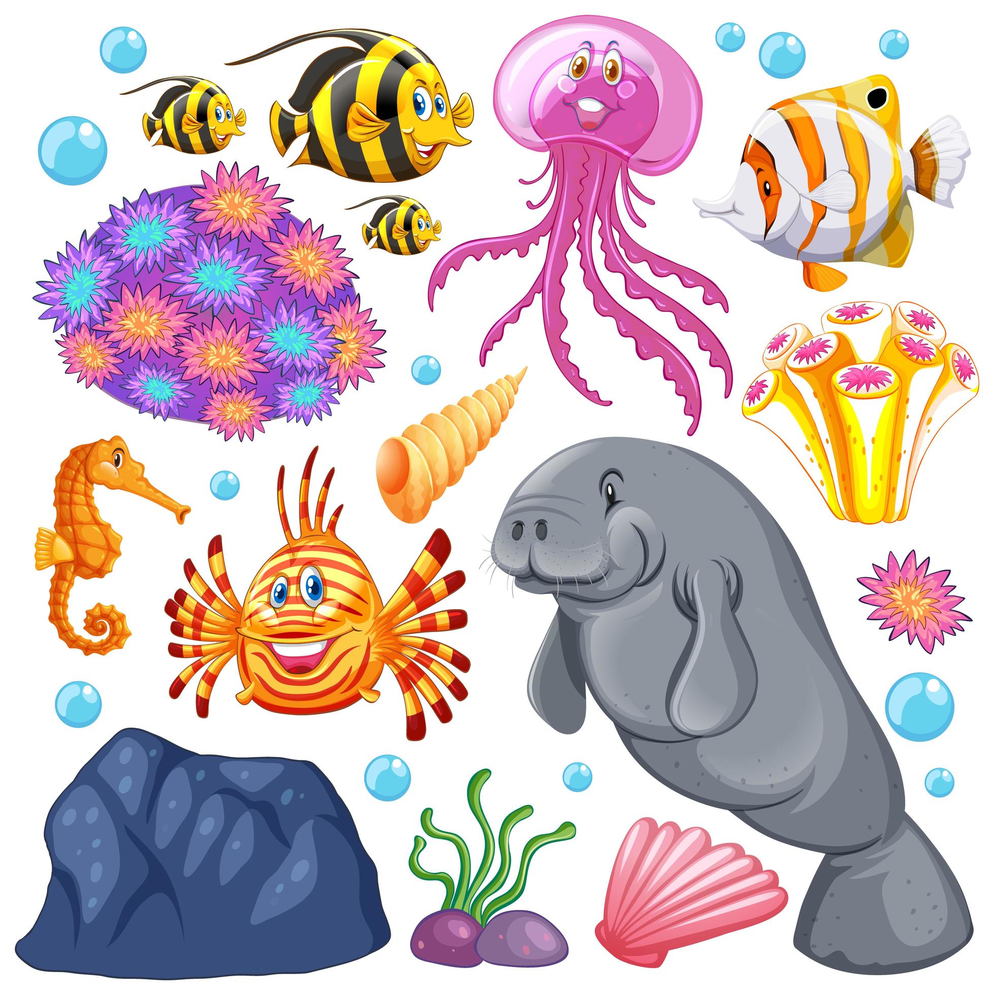Set of sea creatures and corals on white background 1235079 Vector Art