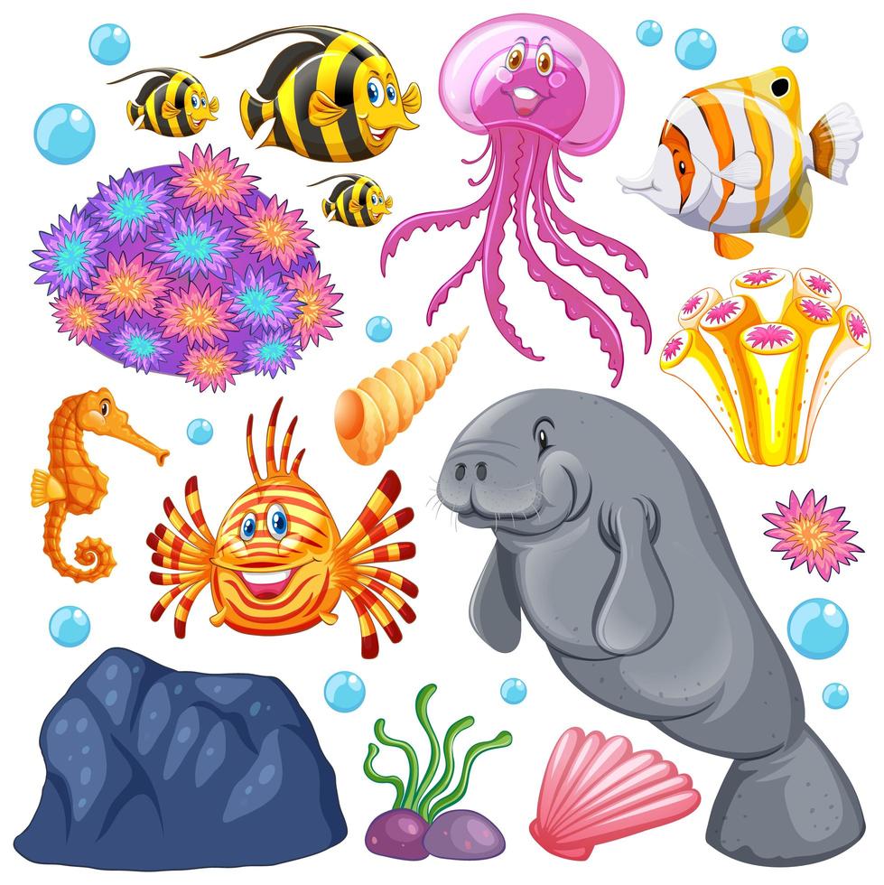 Conjunto de criaturas marinas y corales sobre fondo blanco. vector