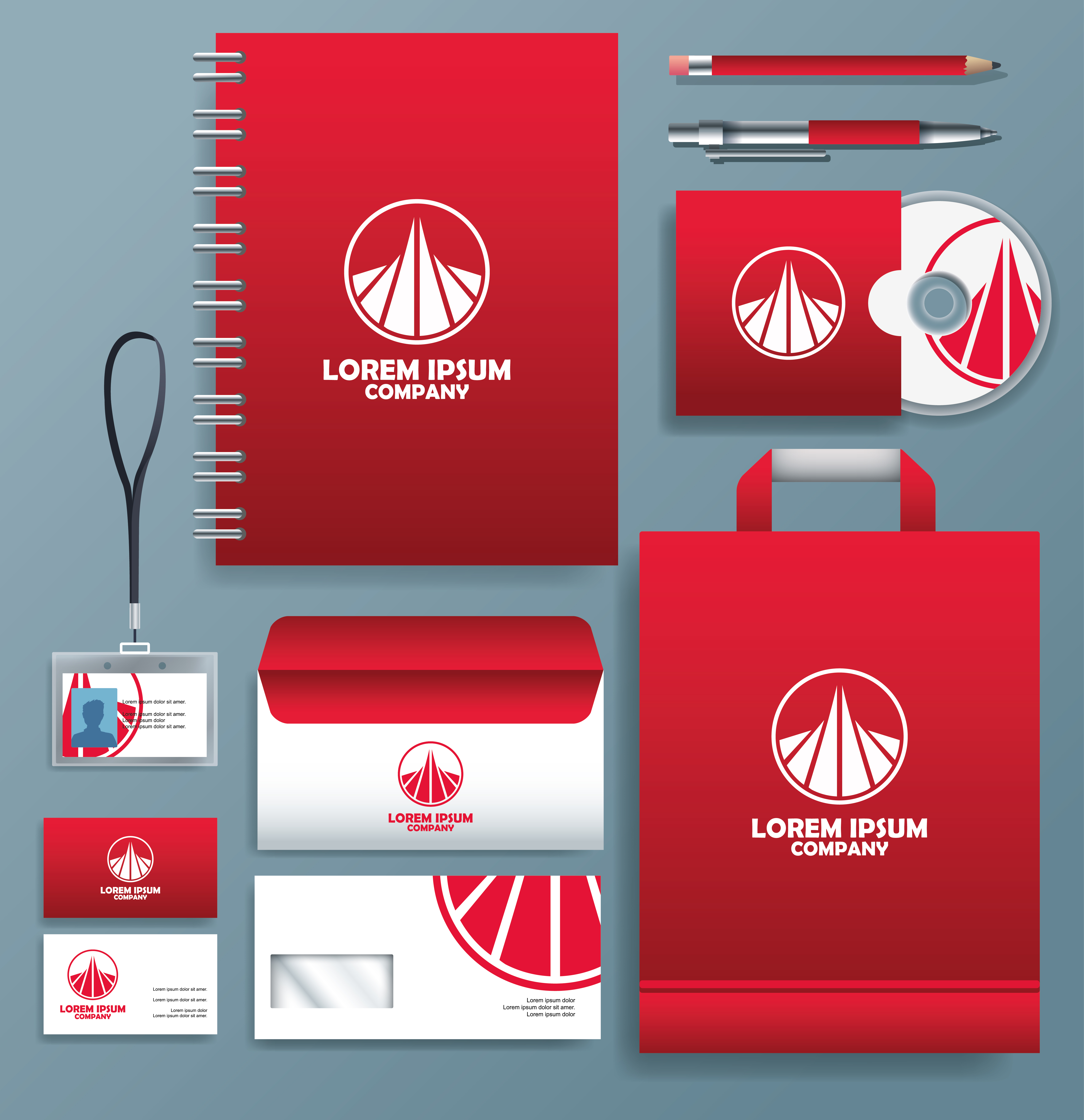 Set of Red, White Logo Stationary Templates on Gray Background 1235088