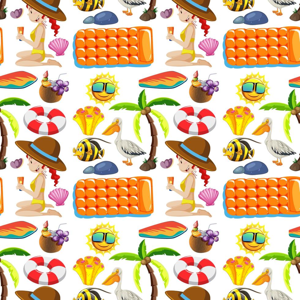Seamless summer beach icons and kids on white background vector