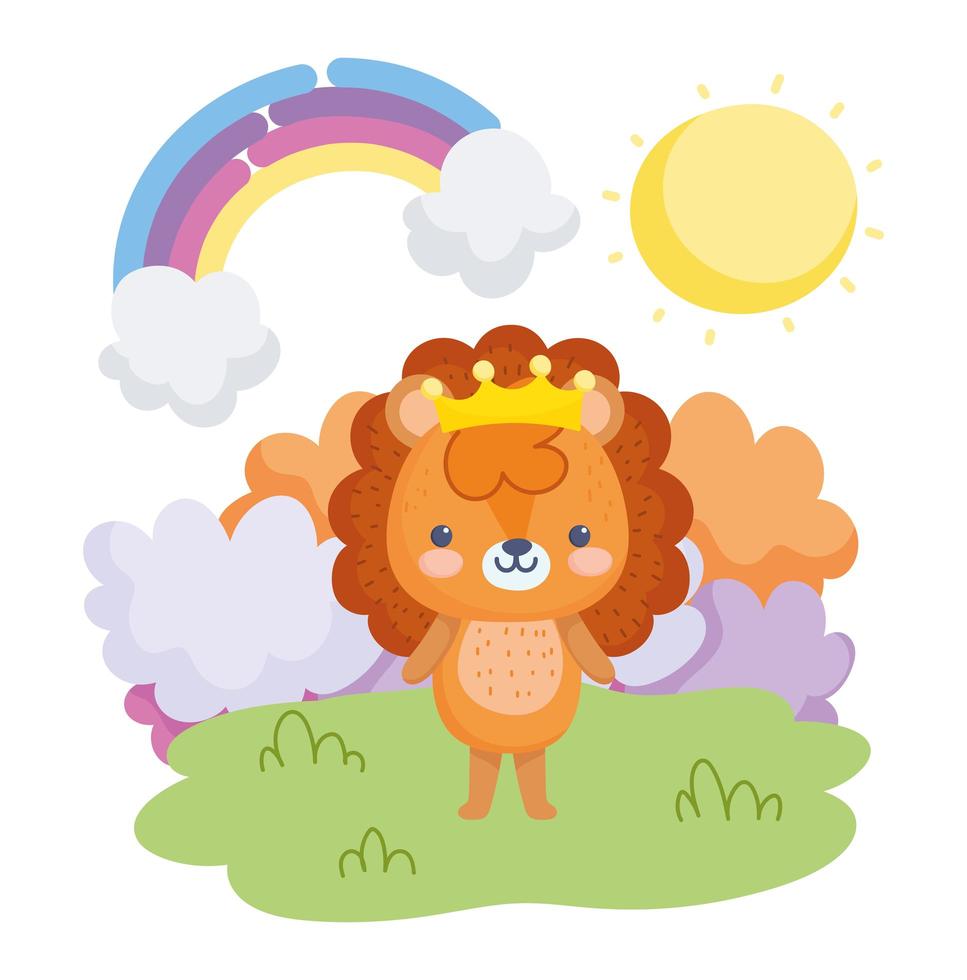 pequeño león con una corona de pie al aire libre vector