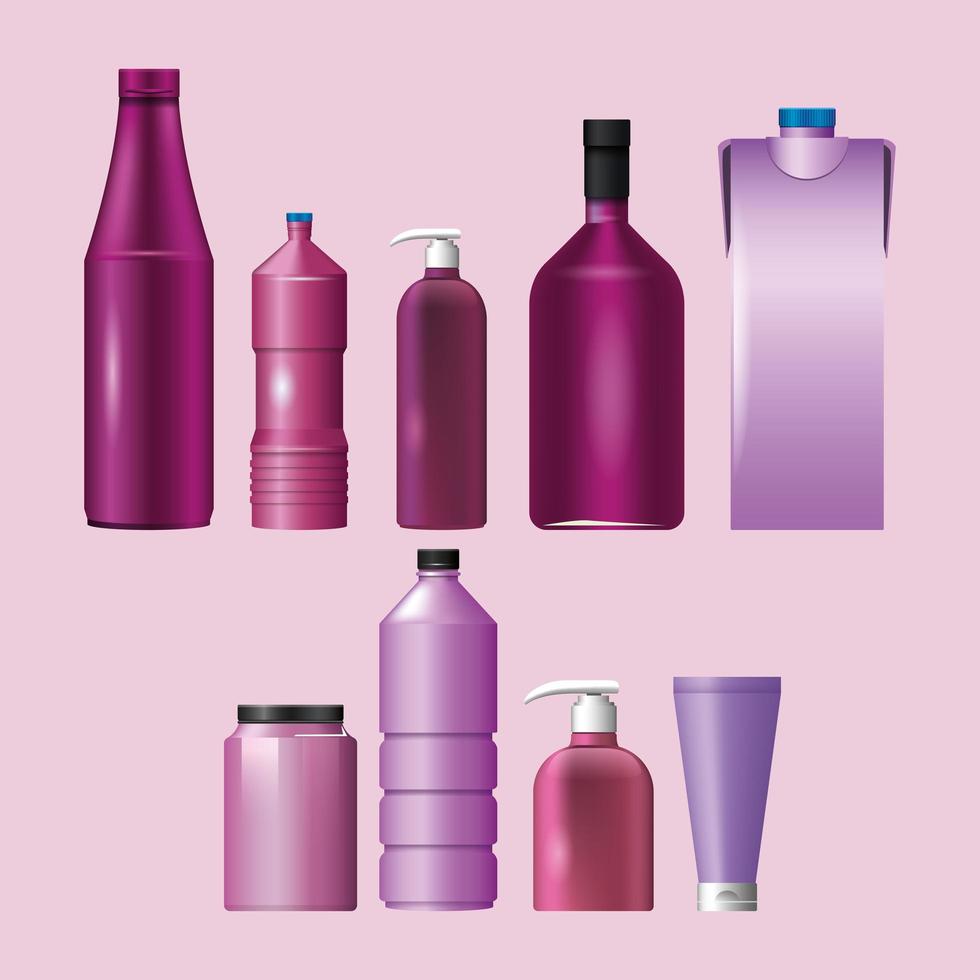 conjunto de materiales púrpuras y estilos botellas iconos de productos vector