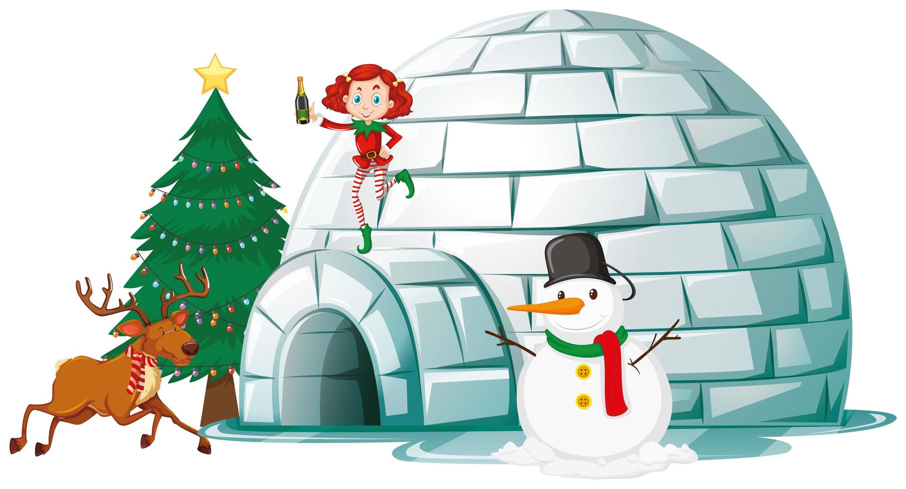 Elf and reindeer on igloo vector