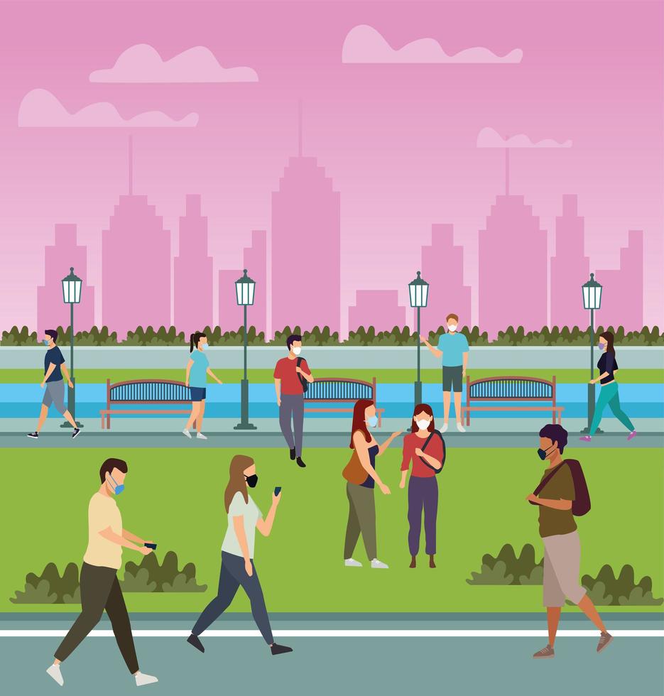 Group of People Using Medical Masks in the Park vector