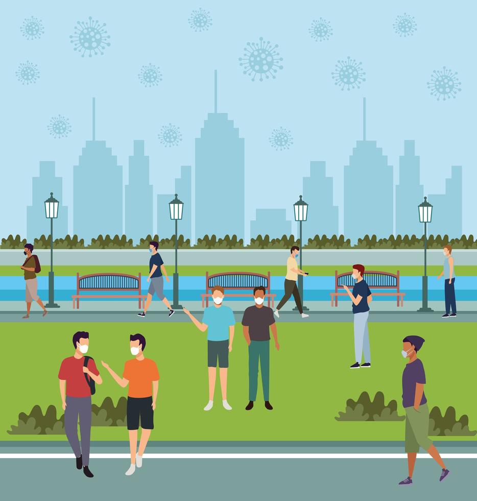 Group of Men Wearing Medical Masks in the Park vector