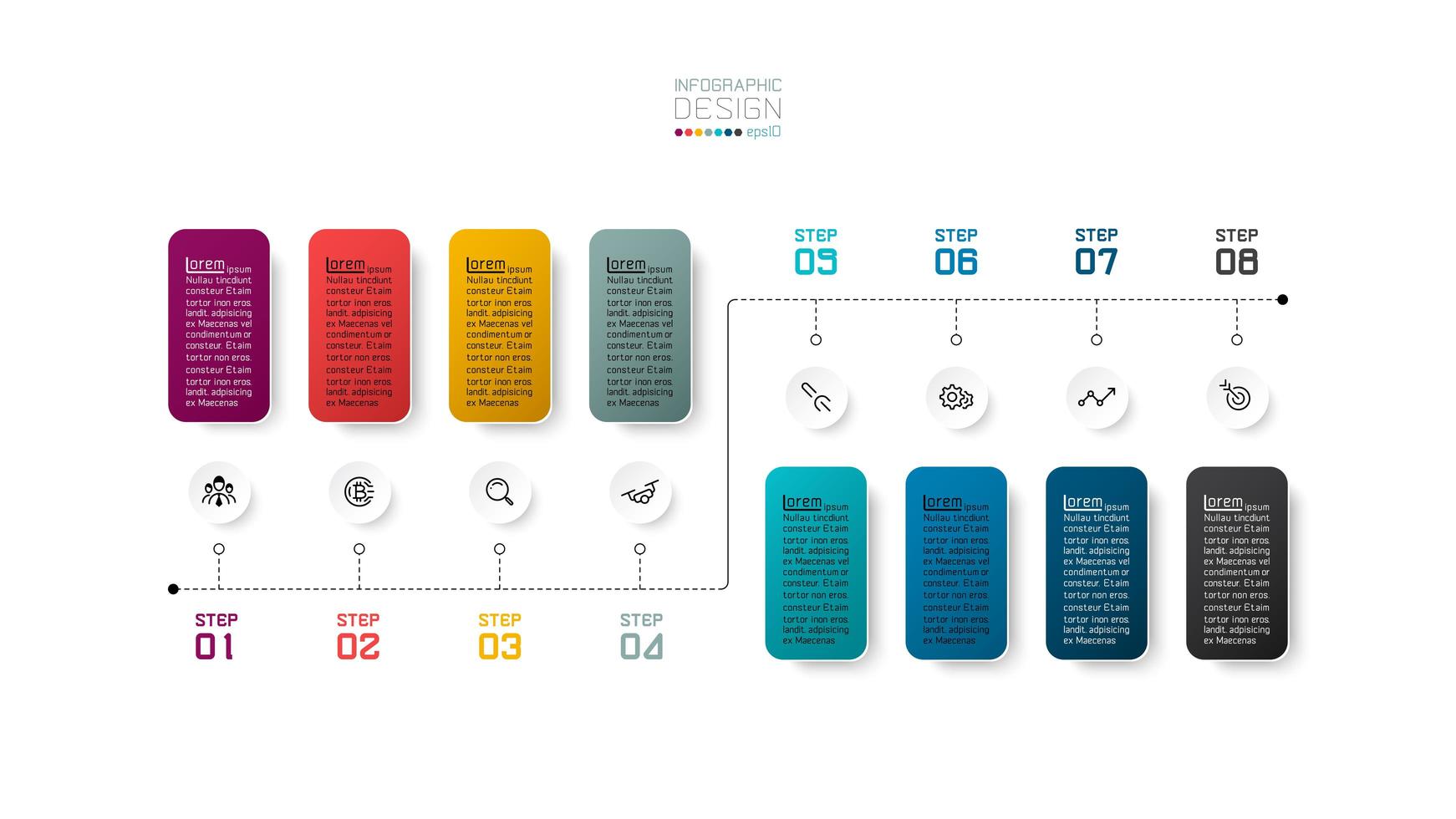 Infografía colorida línea de tiempo de negocios de 8 pasos vector