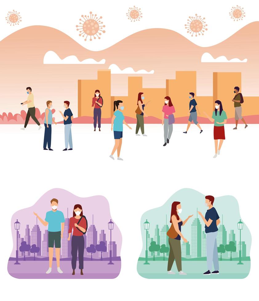 Group of People Using Medical Masks in the Park and City vector