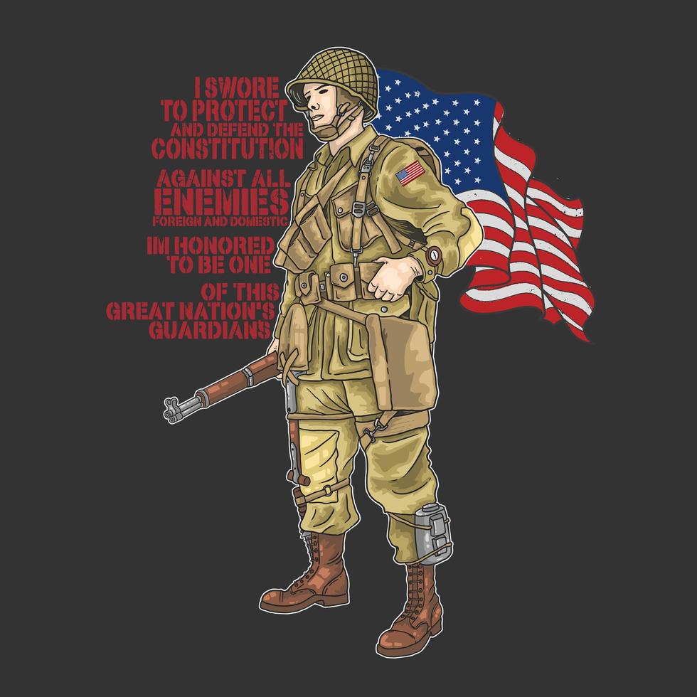 soldado de la guerra mundial americana con bandera y cita vector