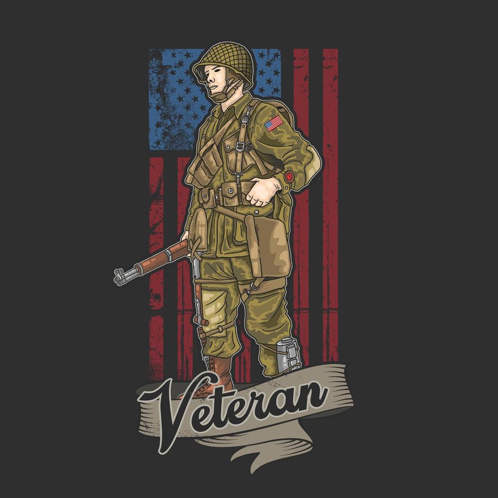 Veteran in front of grunge style American flag vector