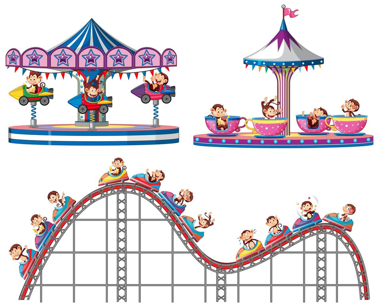 Monkeys riding on circus rides on white vector