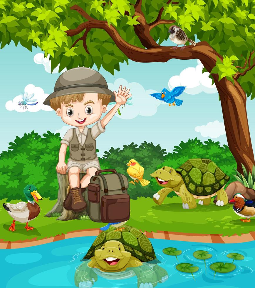 Cute waving boy scout in nature vector