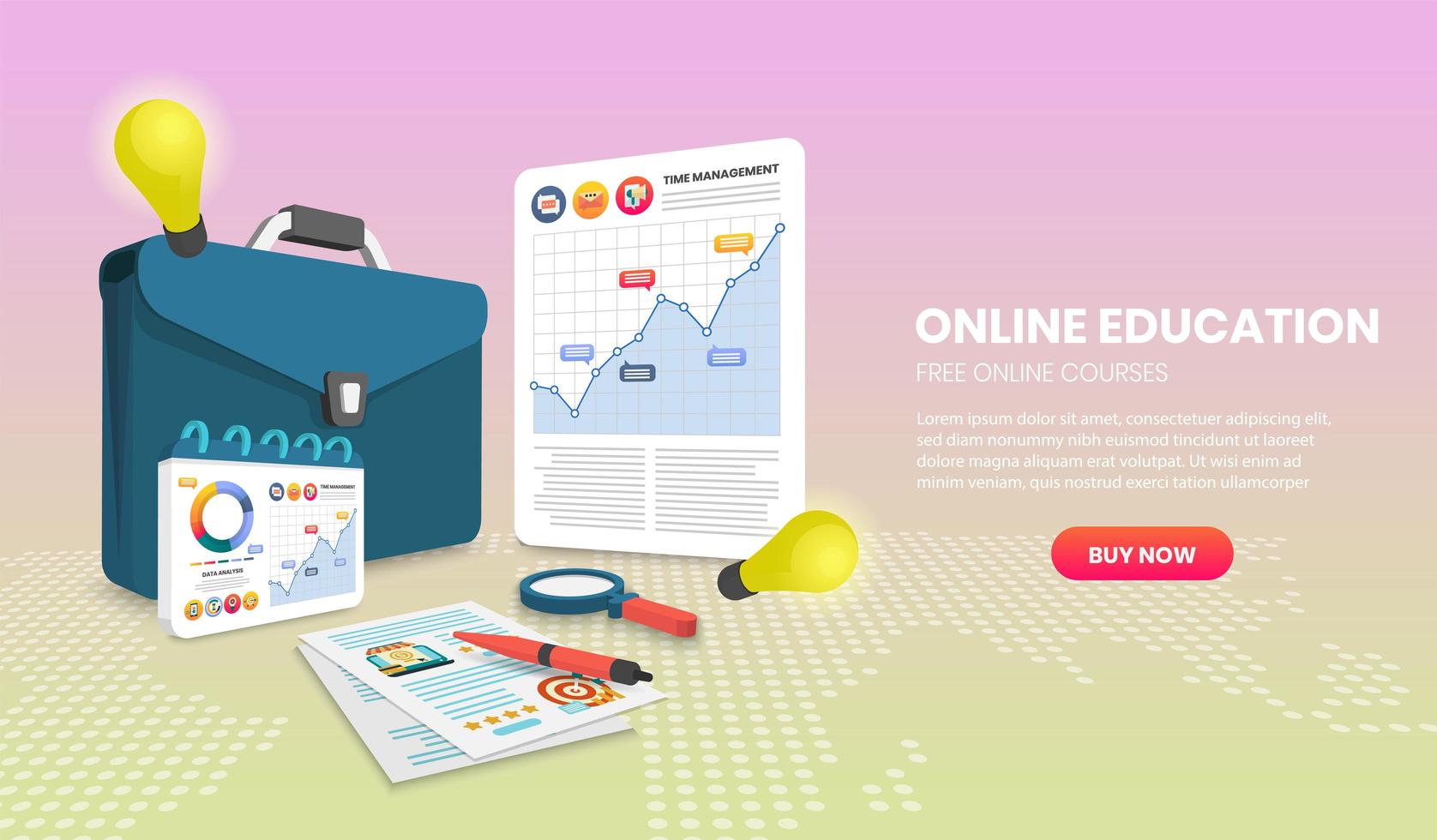 Online education website template with document and briefcase vector