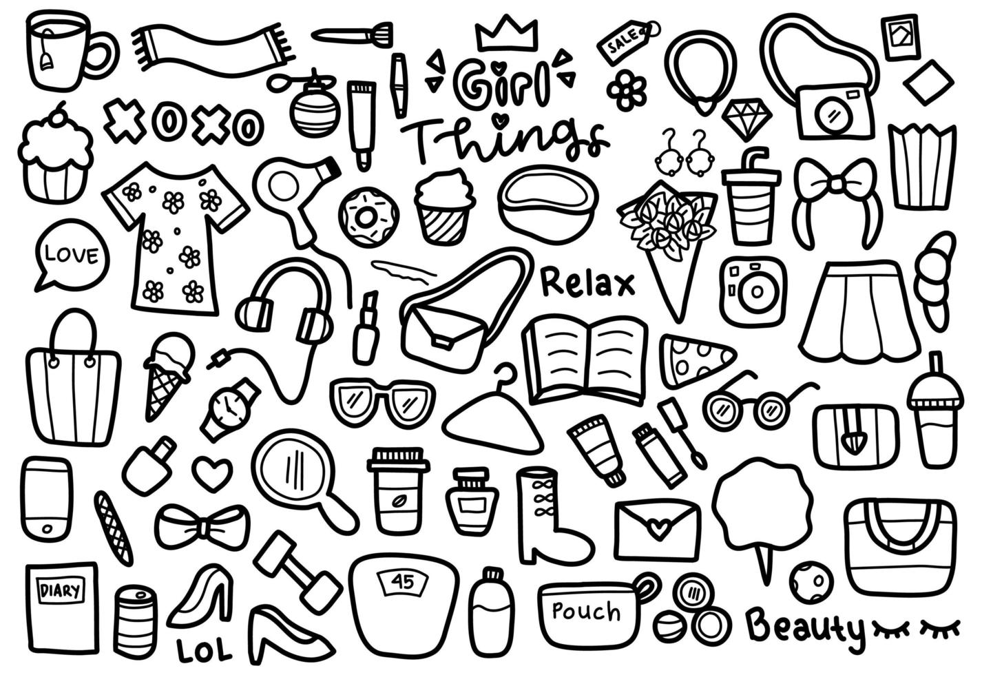 Girl items doodle set vector