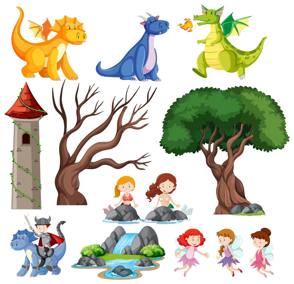 Fairytale Children Castle And Dragon Set Download Free Vectors Clipart Graphics Vector Art