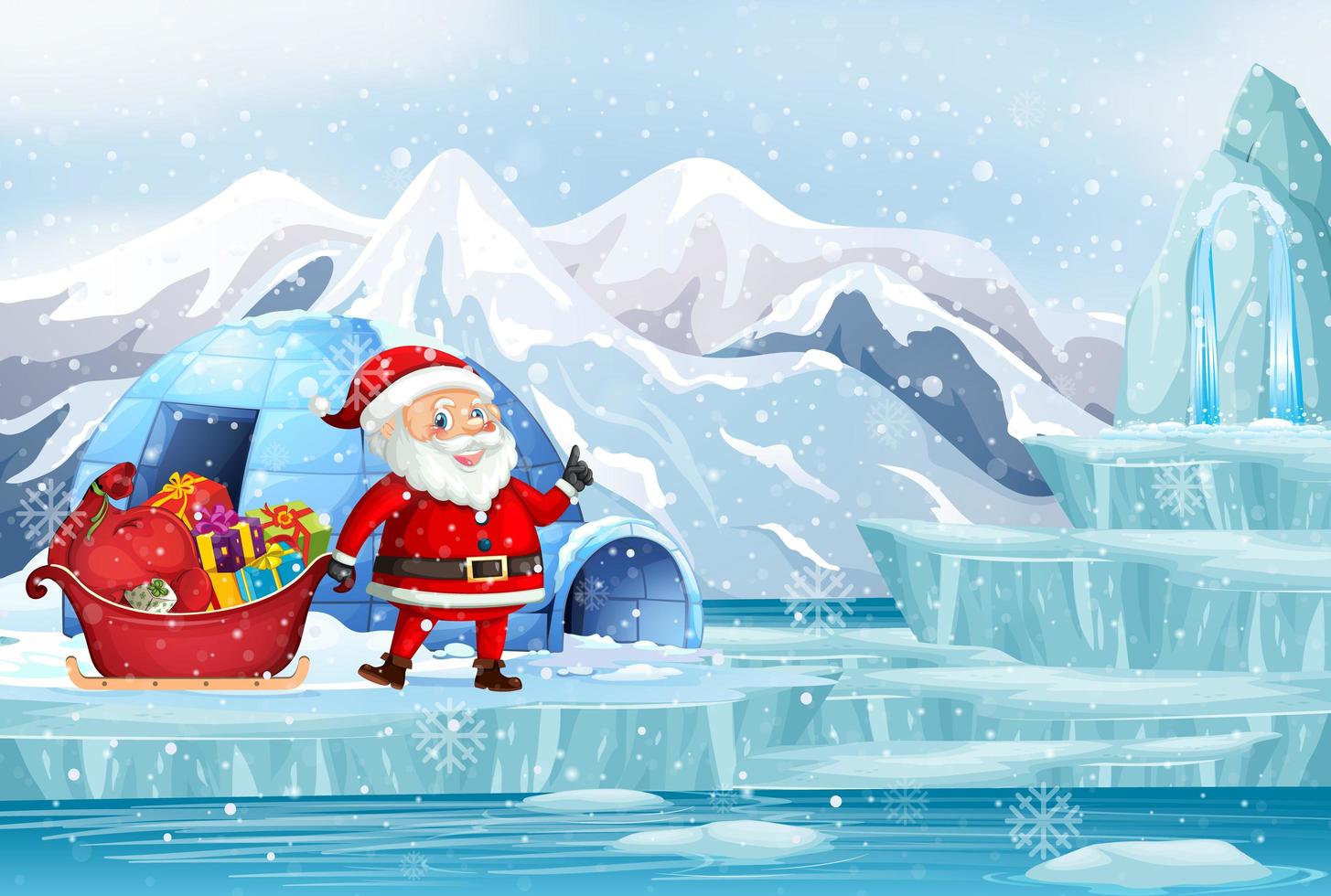 Scene with Santa and presents in north pole vector