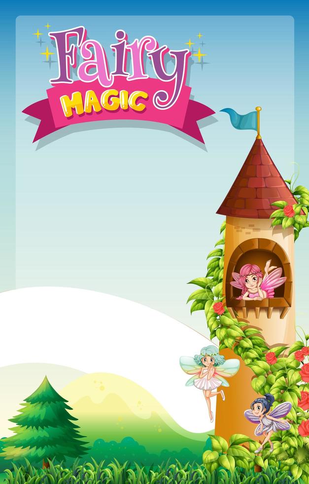 Fairy magic text with fairies flying in the tower vector