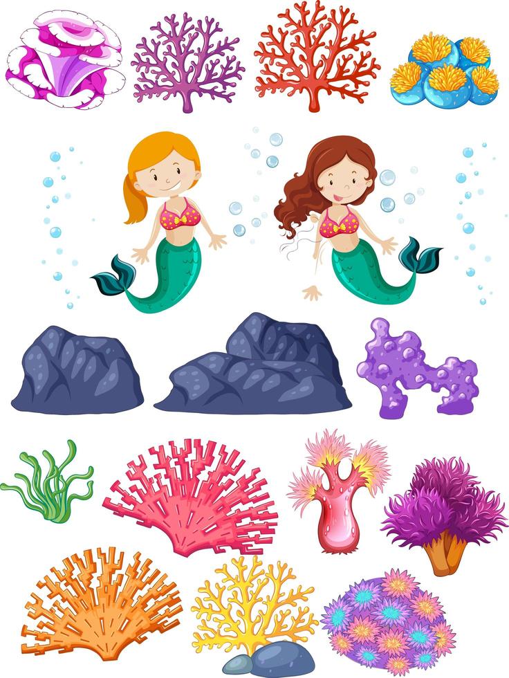 Set of mermaids and coral reefs on white vector