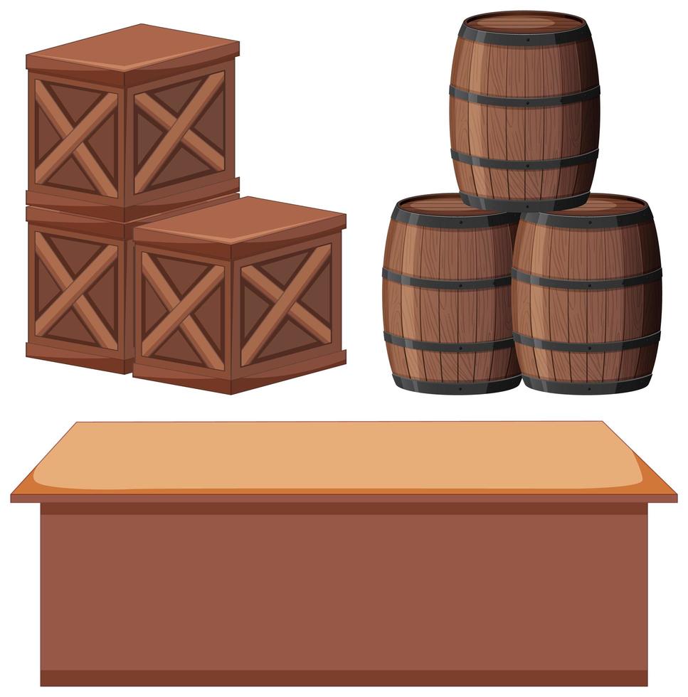 Set of boxes and barrels on white vector