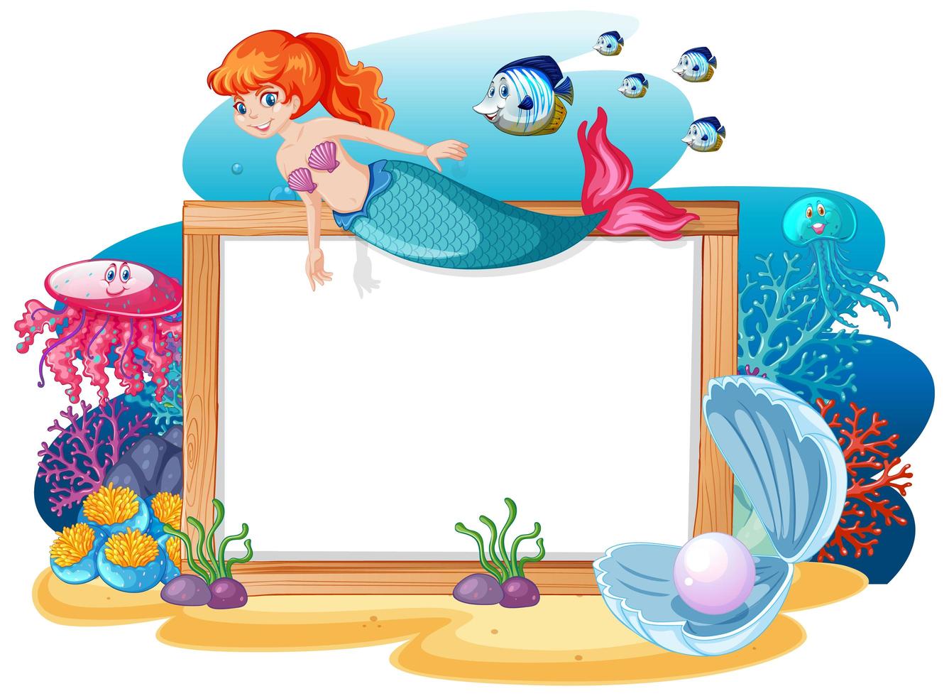 Mermaid and sea animals theme with blank banner vector