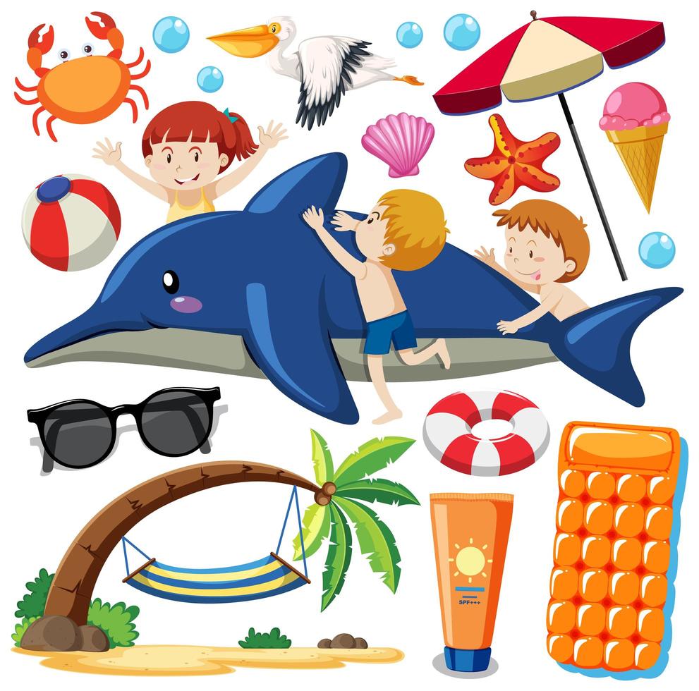 Set of summer beach icons in cartoon style vector