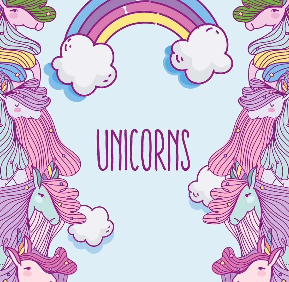 Unicornios de fantasía mirándose con arcoiris vector