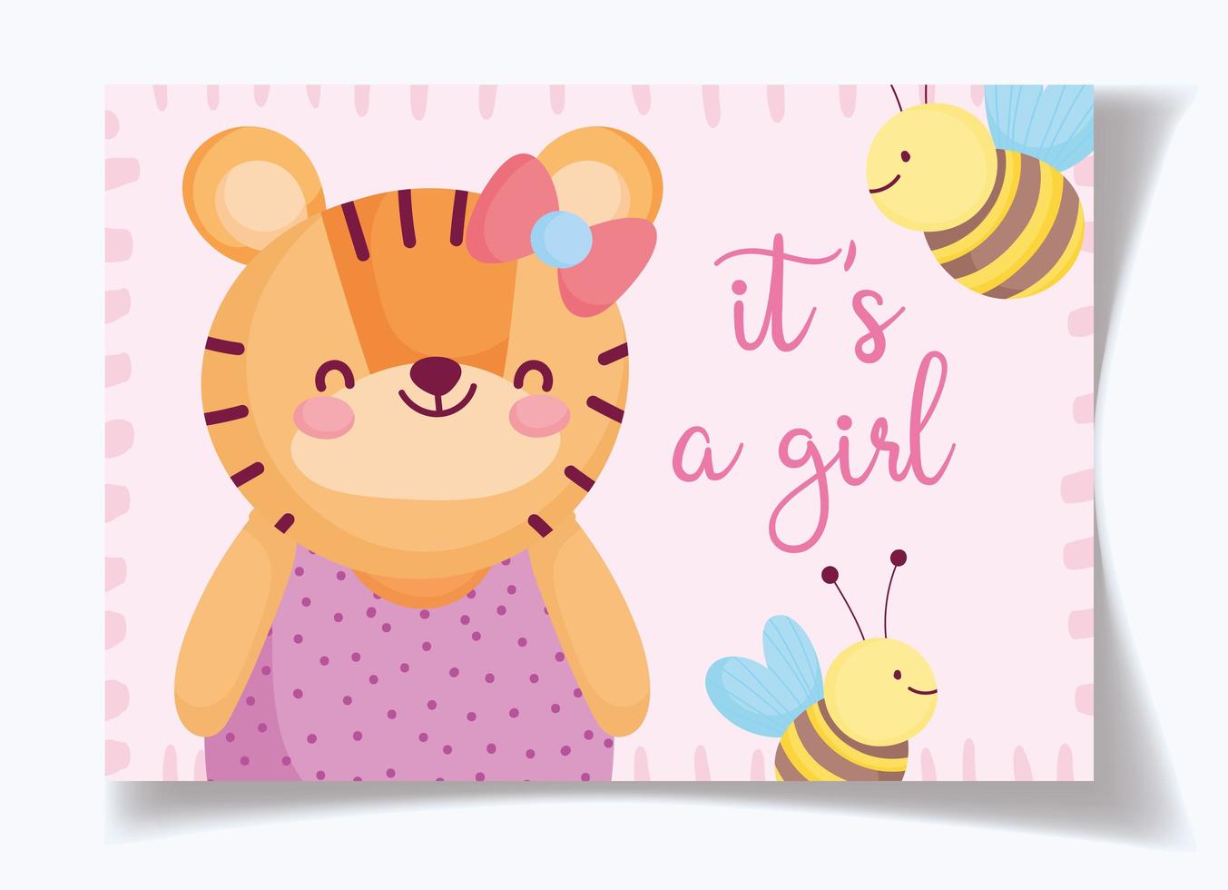 Tiger girl and bees baby shower card template vector