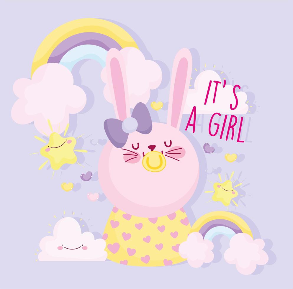 Baby shower bunny girl with rainbows vector