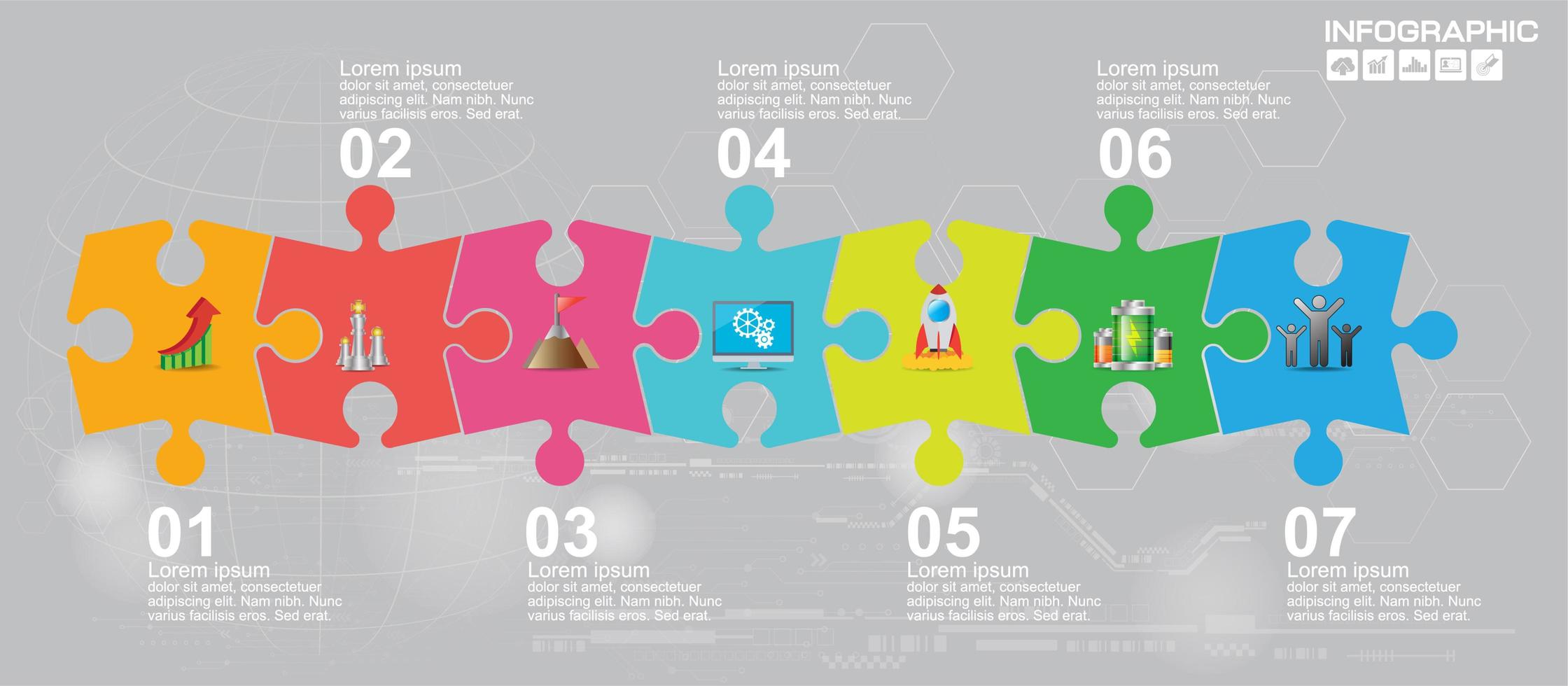 Puzzle business presentation infographic with 7 steps vector